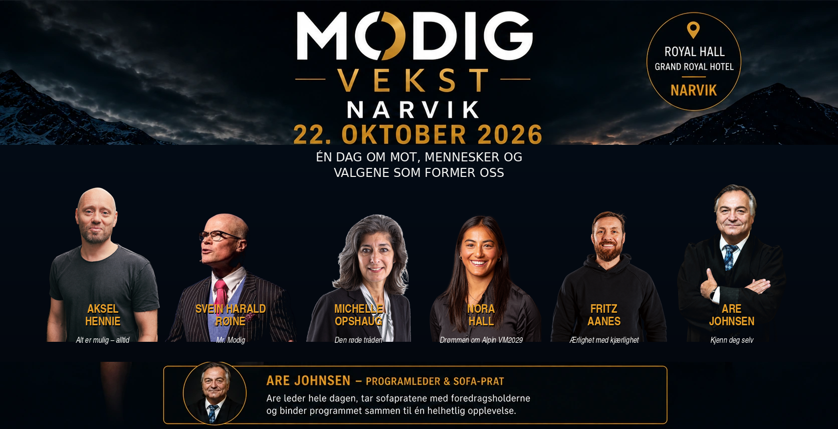 MODIG VEKST 22. oktober 2026 i Royal Hall Narvik med Aksel Hennie, Svein Harald Røine, Michelle Opshaug, Nora Hall, Fritz Aanes og Are Johnsen